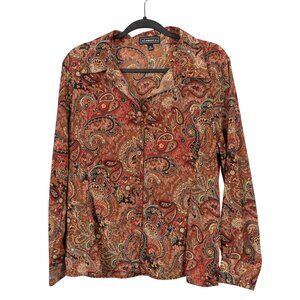 Elementz Satin Paisley Blouse XL Y2K Button Up VNeck Collared Red Brown Green